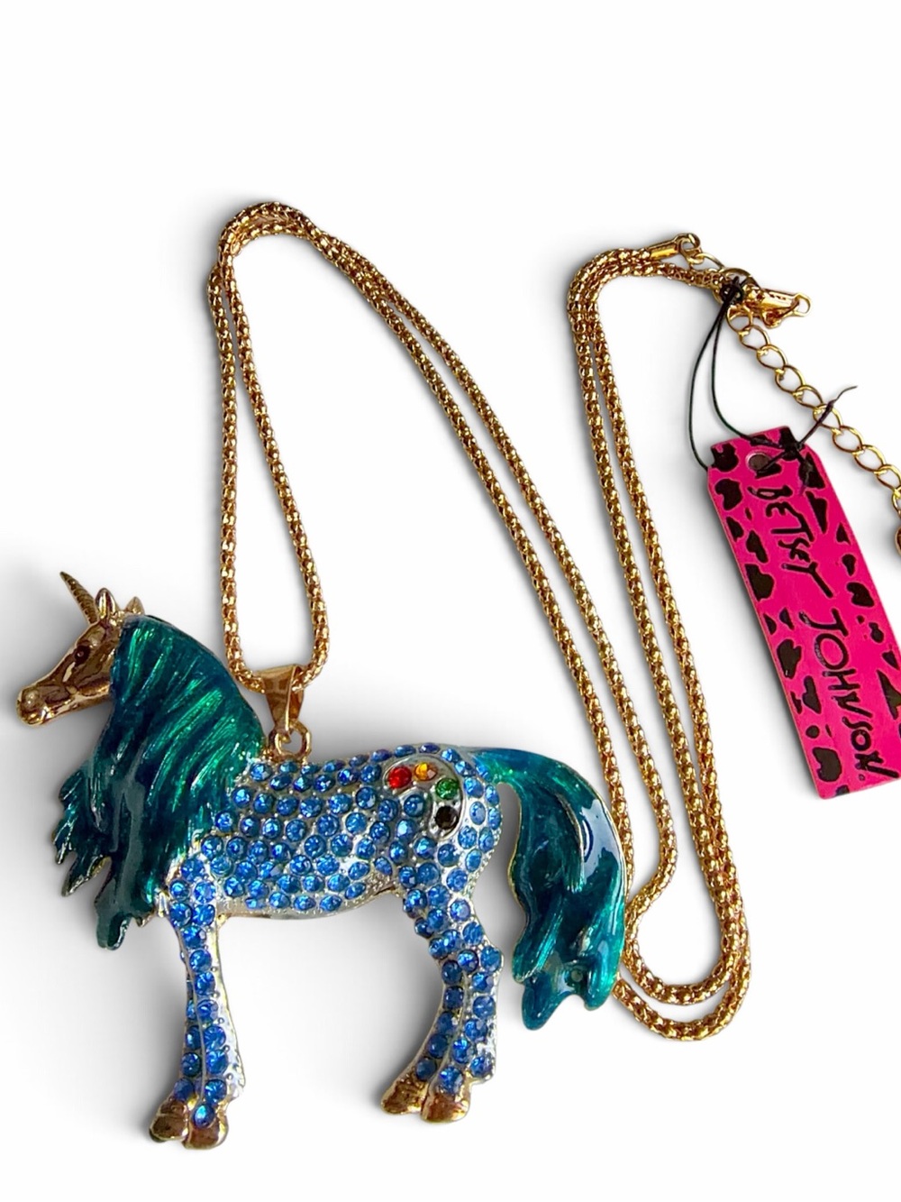 Betsey Johnson Blue Teal Crystal Unicorn Necklace with Gold Chain